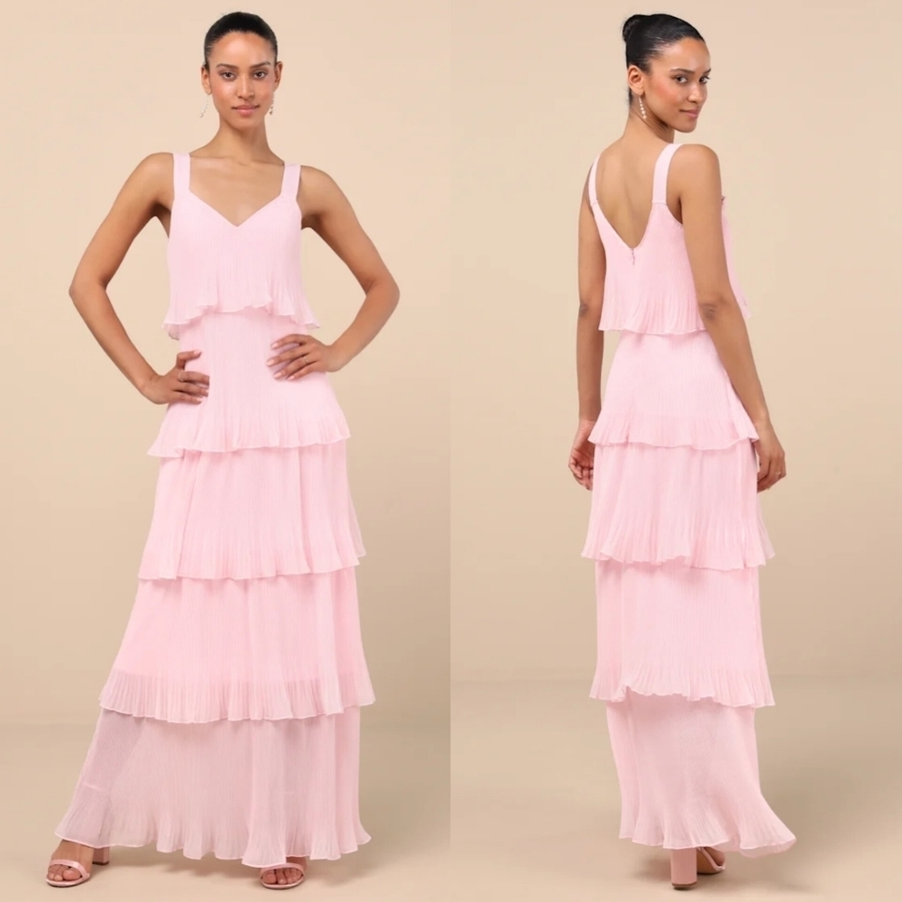 Lulus Elegant Nature Blush Pink Pleated Sleeveless Tiered Maxi Dress Wedding